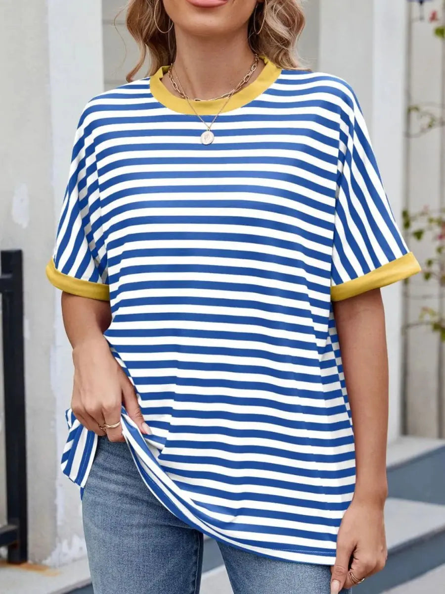 Stylish Striped Round Neck Half Sleeve T-Shirt for Women - Love Salve